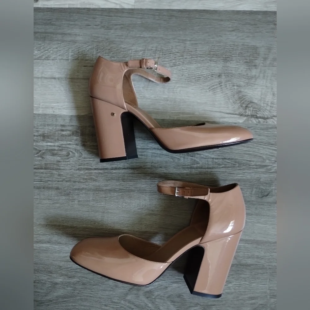 Laurence Dacade Nude Patent Leather Mary Jane Heels with Chunky Heel 9